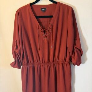 Rust Orange Dress with Lace-Up Detail Hippie vibe size XL